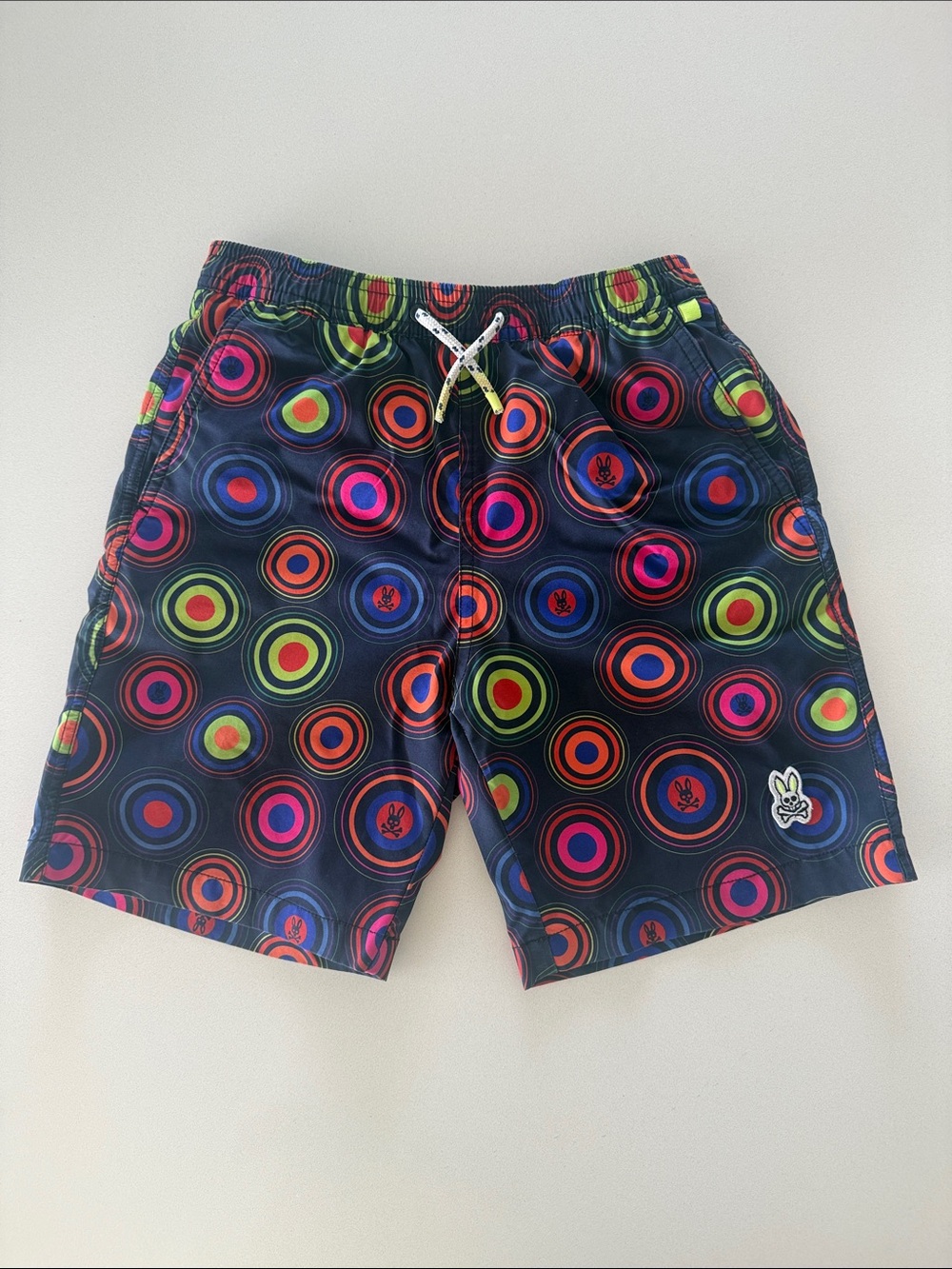 Psycho Bunny Kids Black Swim Shorts with Neon Multicolor Circle Print